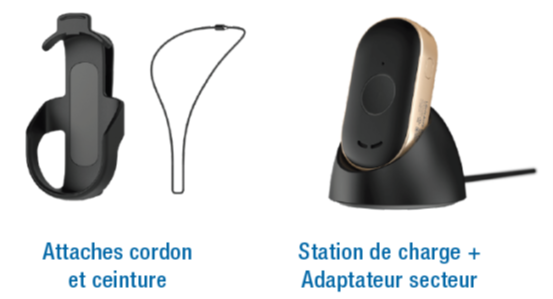 Attaches cordon et ceinture ainsi que station de charge avec adaptateur secteur